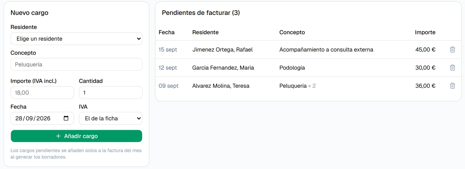 Registro de servicios extra pendientes de facturar