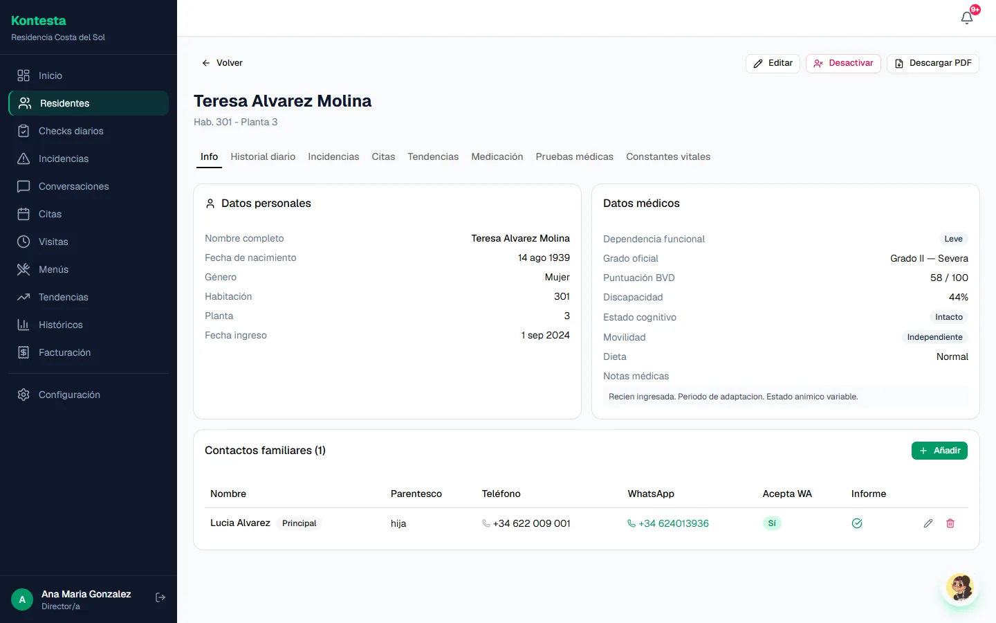 Ficha de un residente con datos personales, médicos y familiares